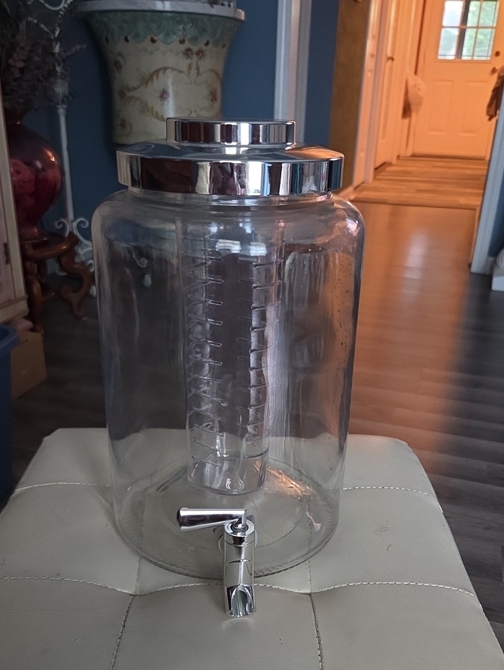 Clear Glass Beverage Dispenser with Chrome Lid and Tap & Cylinder For Ice/fruit